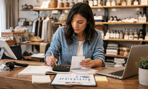 Small business owner reviewing financing paperwork and calculating funding options in her retail store